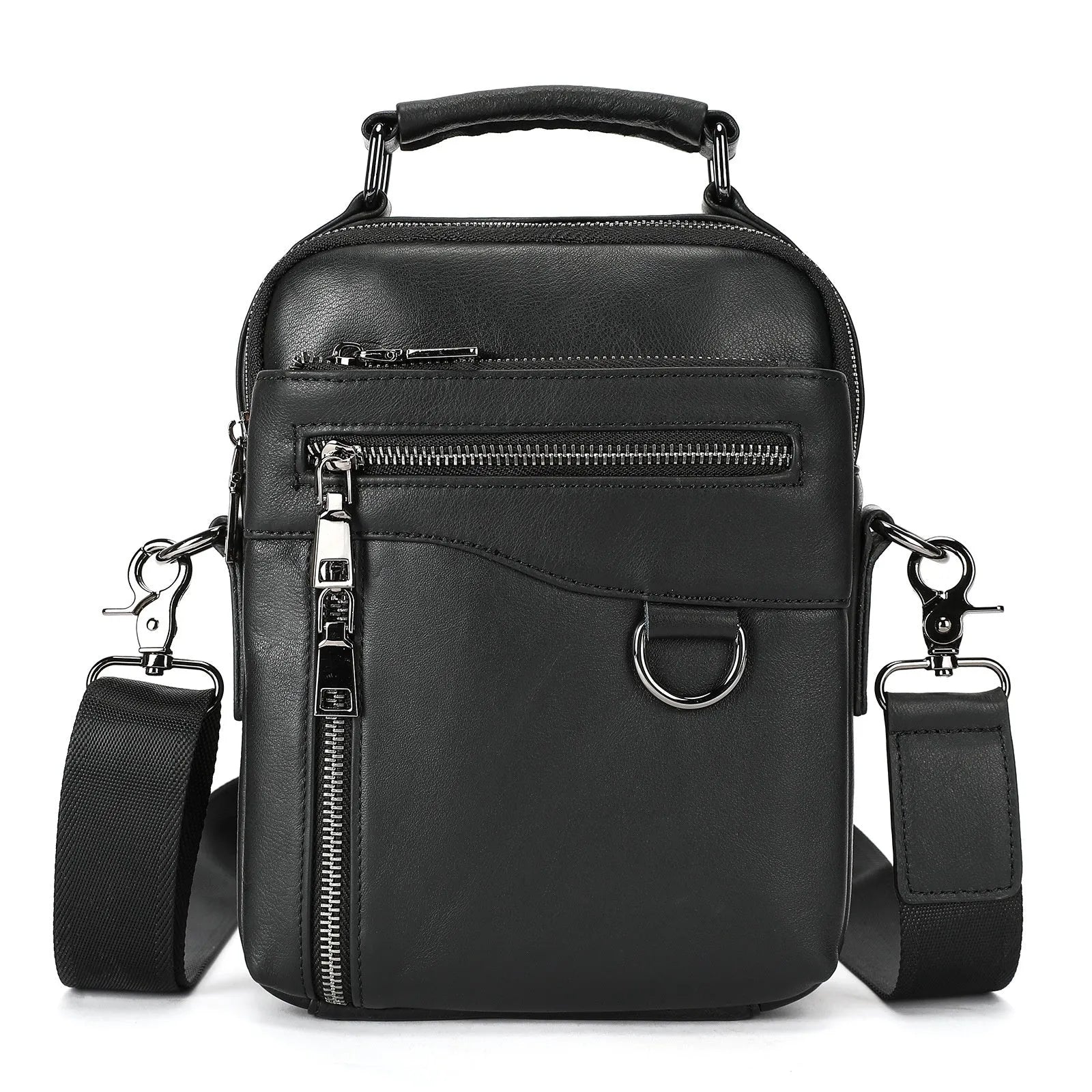 Men's black genuine leather single crossbody messenger bag with stitching detail for business travel