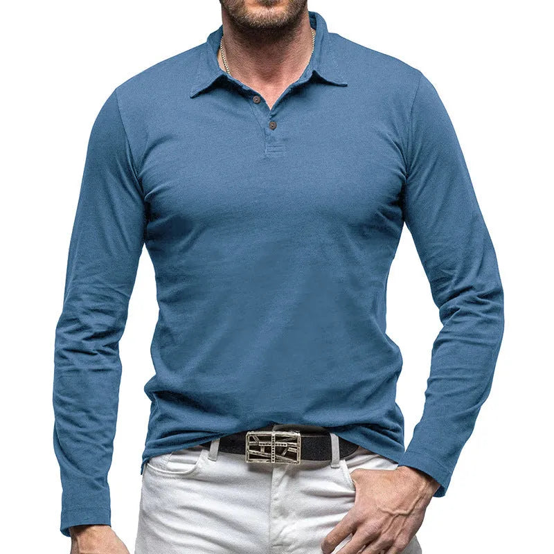Men's long sleeve polo collar t-shirt in cotton fabric, shown in Army Green colour.