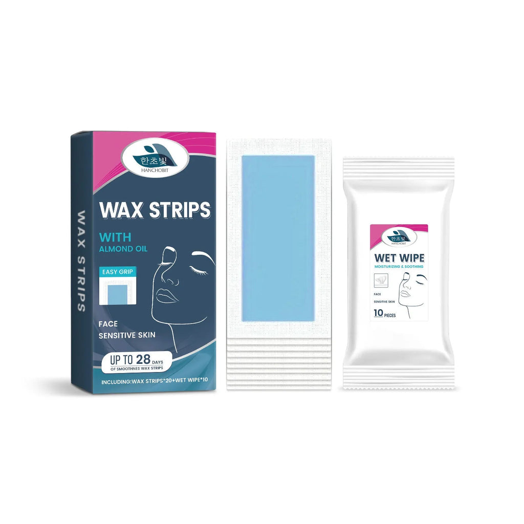 HANCHOBIT facial hair removal wax paper wet wipes pack showing wax strips and cleansing wipes