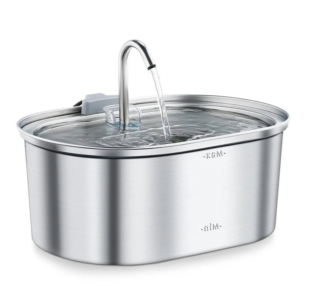 Stainless steel pet water dispenser with round basin and window faucet for dogs and cats.