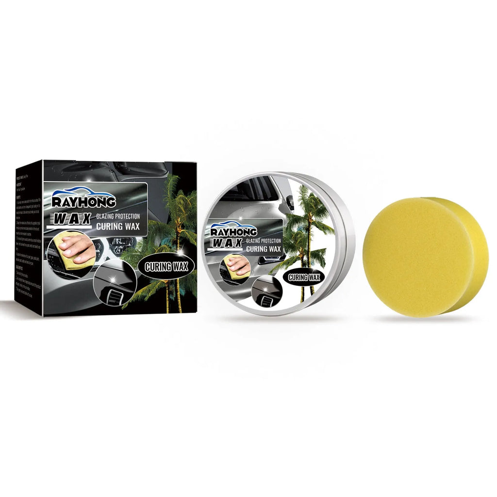 Car coating wax block and sponge applicator for paint protection and cleaning.