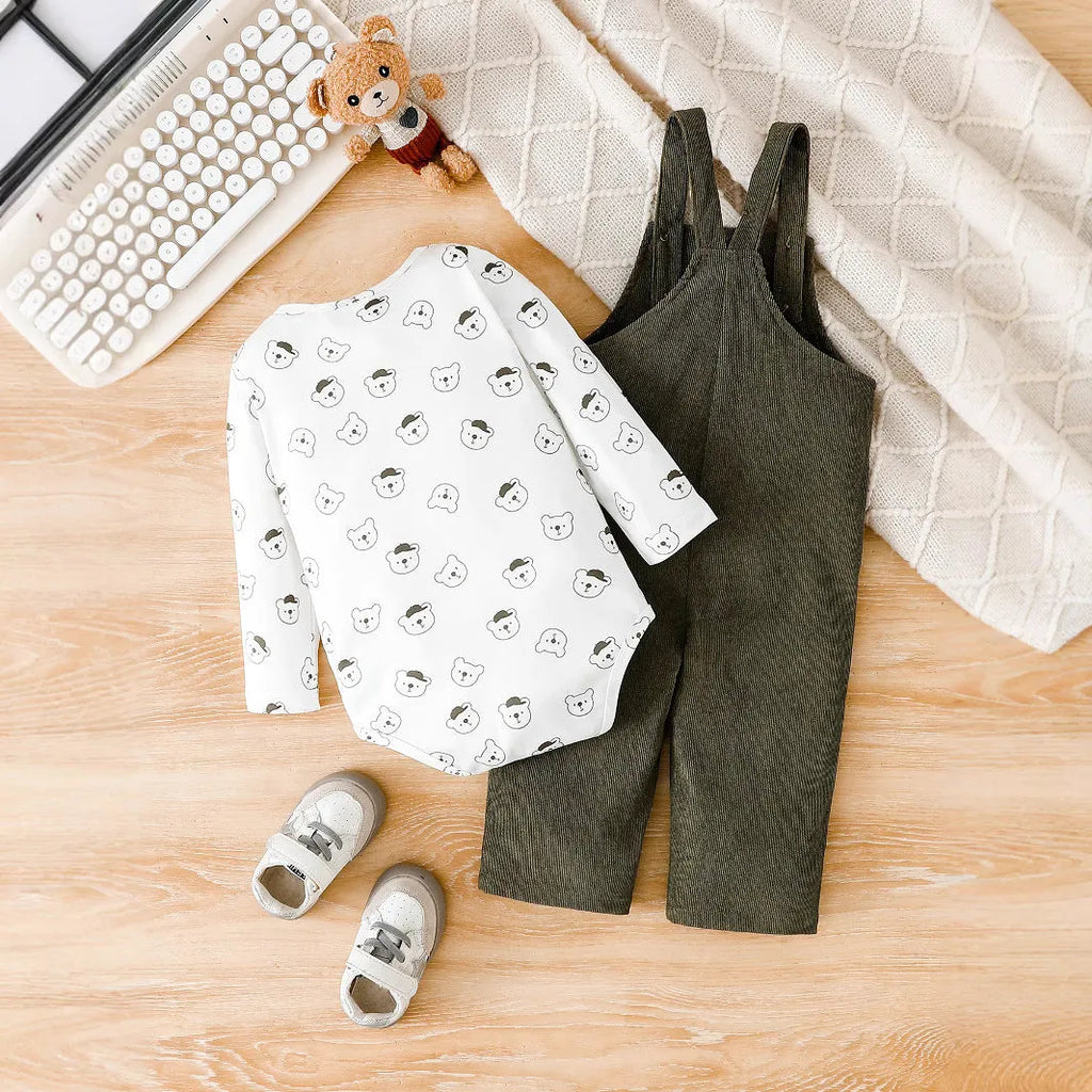 Green bear print long sleeve romper and corduroy suspender trousers two-piece suit for babies 0-18 months