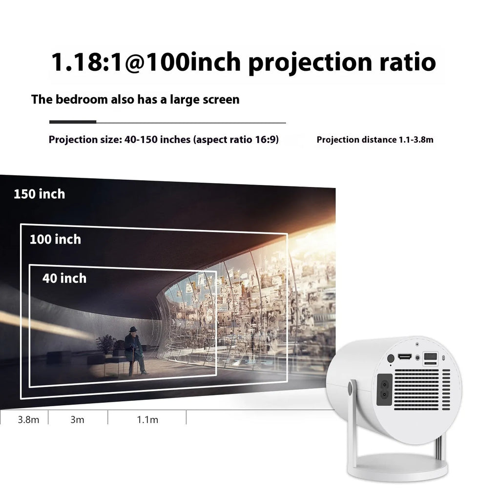 Portable home video projector with 180-degree stand, auto focus, 130-inch screen, and HY300 model in black.