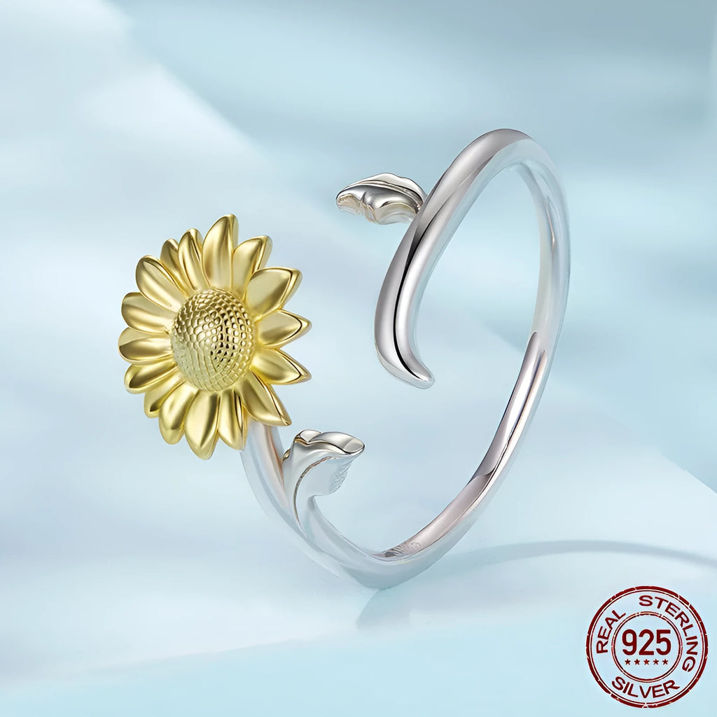 S925 sterling silver sunflower ring with adjustable opening in pastoral style for women
