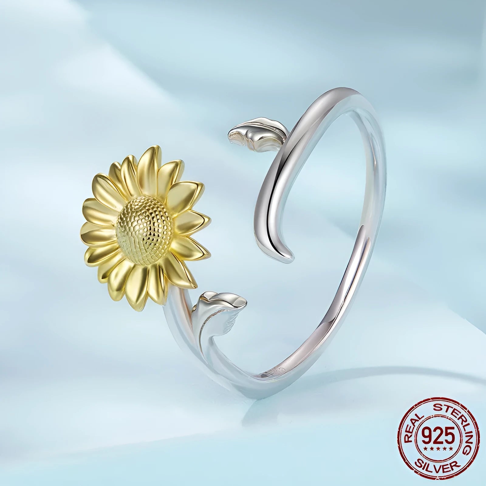 S925 sterling silver sunflower ring with adjustable opening in pastoral style for women