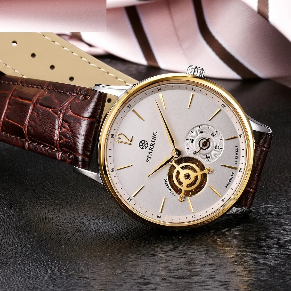 Automatic mechanical men's business watch with brown leather strap and stainless steel case.