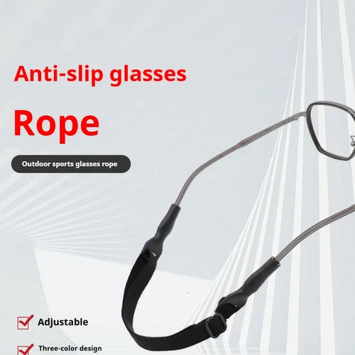 Black adjustable glasses cord strap with silicone ends shown on a pair of spectacles.