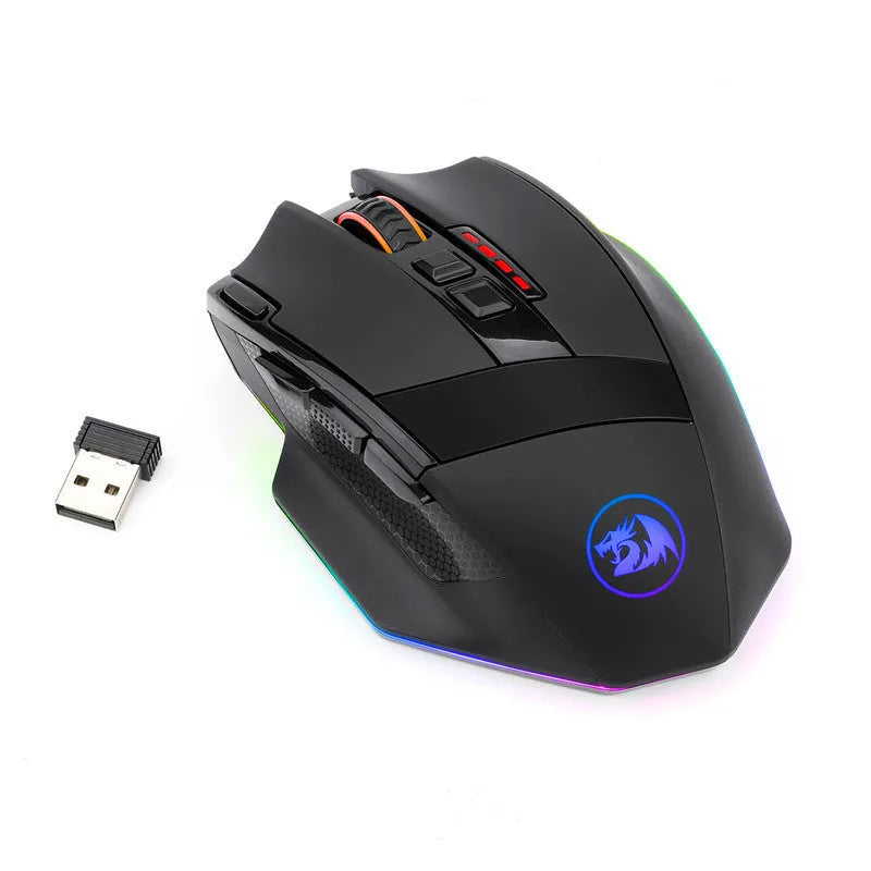 Black Redragon M801P dual-mode wireless and wired gaming mouse with nine buttons.