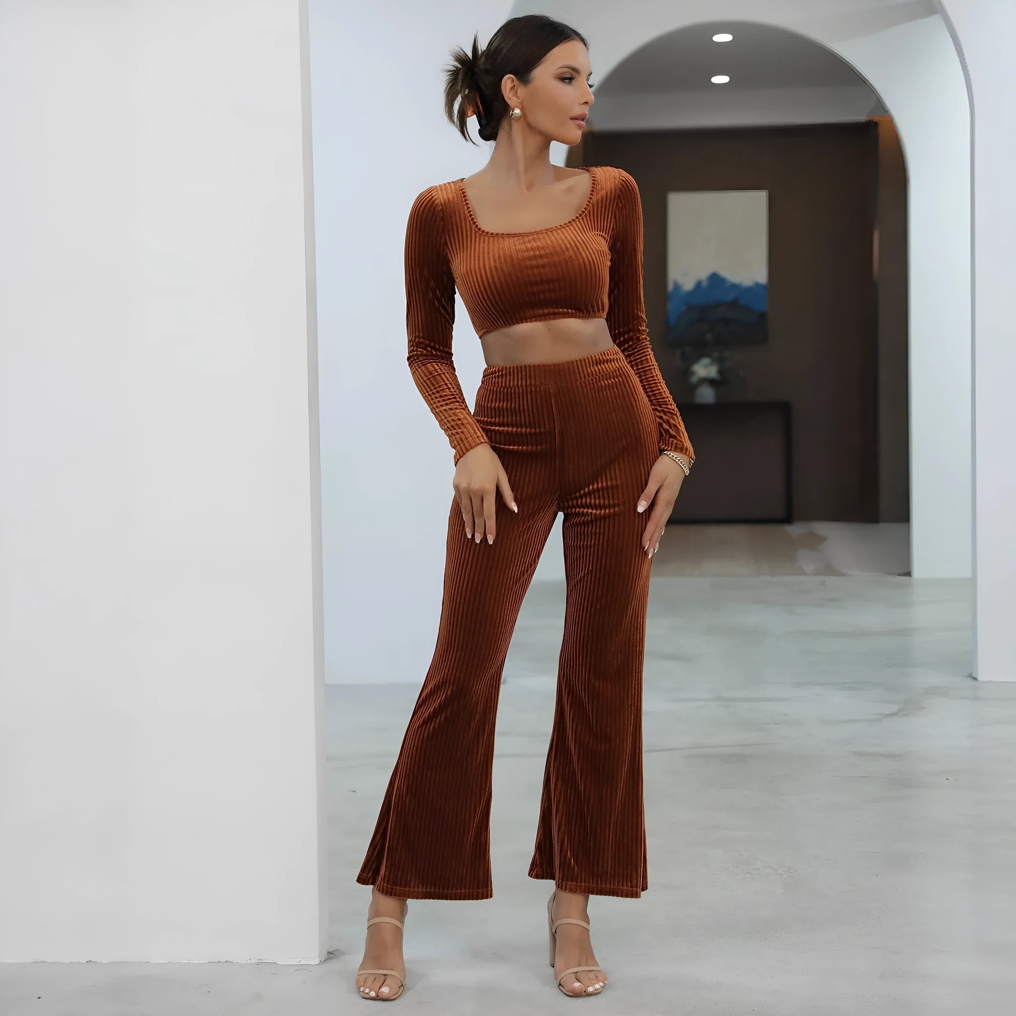 Caramel long sleeve sweater casual set with top and pants, sizes S to XXXL
