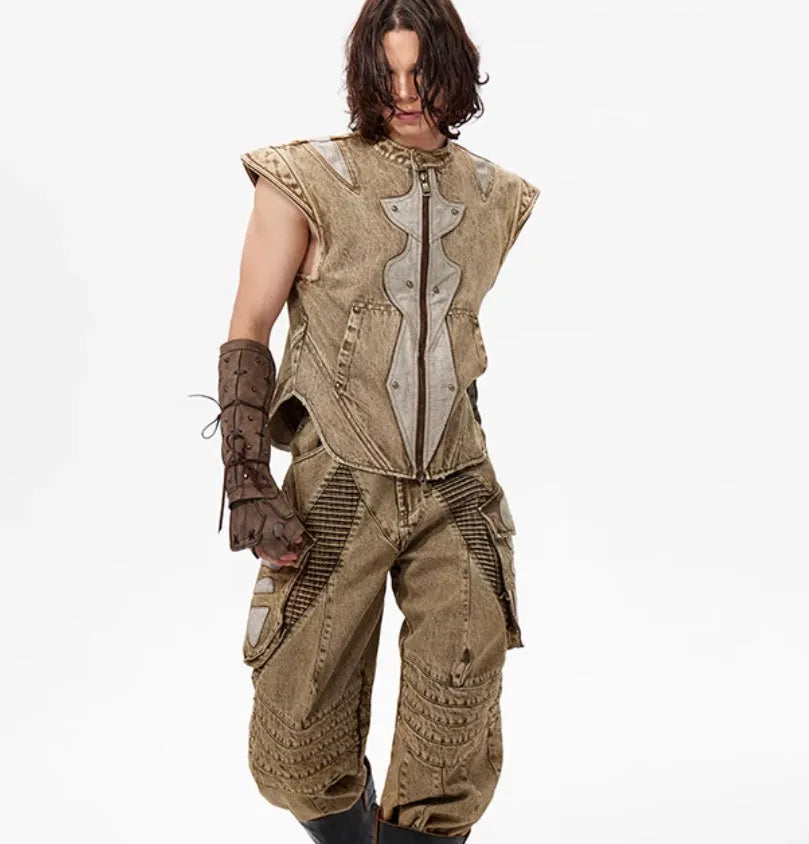 Men's picture colour cotton denim pleated vest in a refined Korean style, shown on a hanger.
