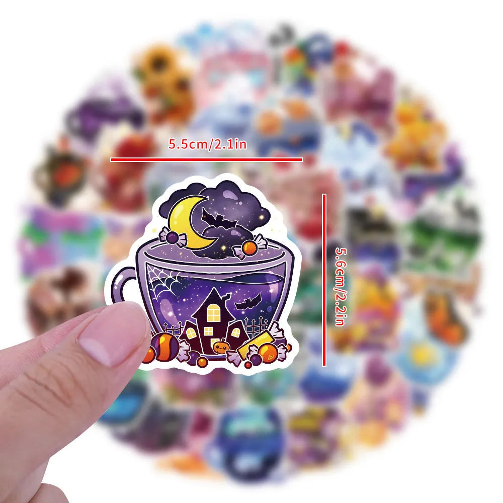 Pack of 50 colourful tea cup graffiti design waterproof stickers for DIY scooter and luggage customisation.