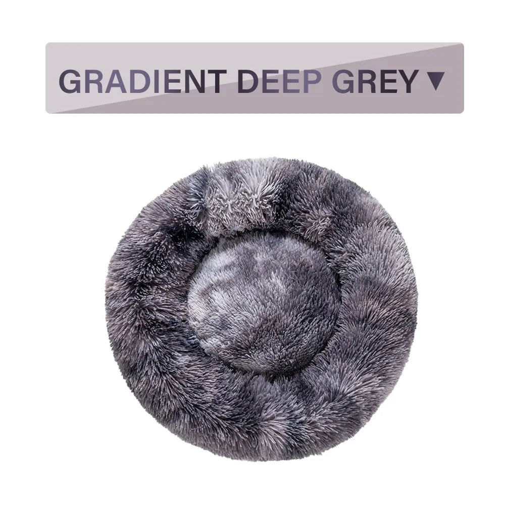 Fluffy donut dog bed in light grey with long plush texture and raised rim