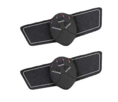 Compact EMS hip muscle training stimulator device with adhesive gel pads for buttocks and abdomen.