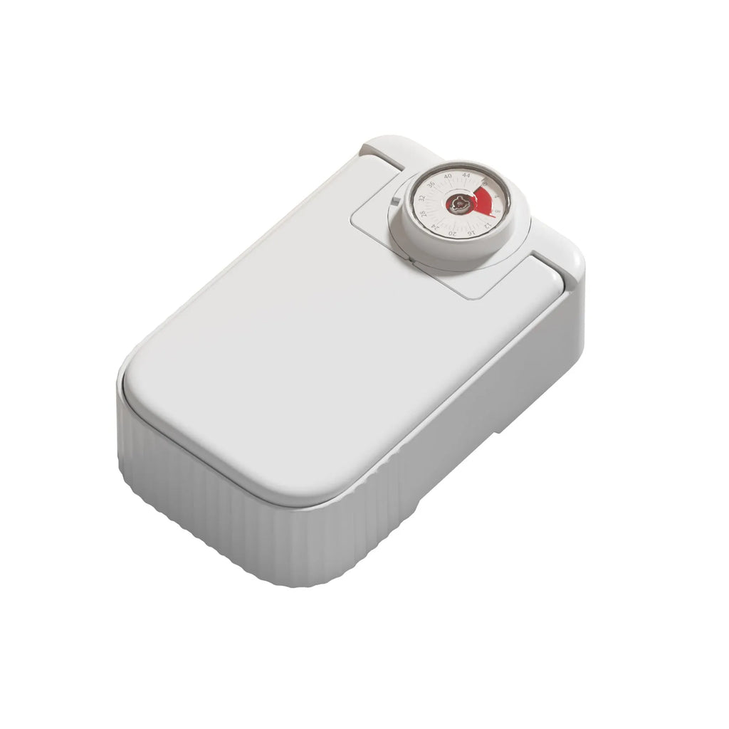 White automatic pet feeder with timer display and removable ice crystal cooling box underneath.