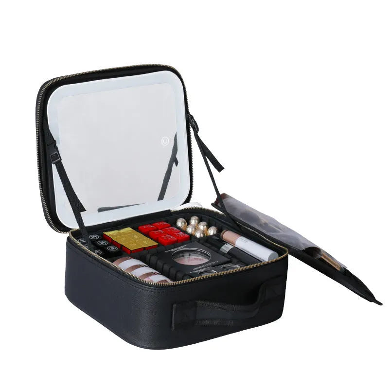 Large capacity cosmetics storage bag with full screen mirror and LED lamp ring, 26x23x11cm, polyurethane leather, USB powered