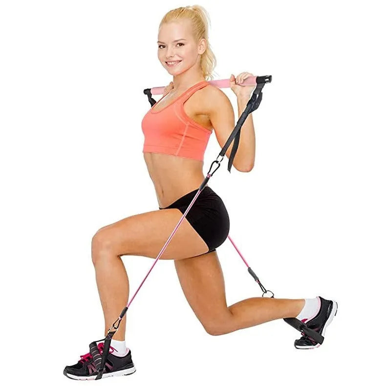 Set of eleven TPE fitness sticks in pink, purple, and black colours for adjustable resistance training