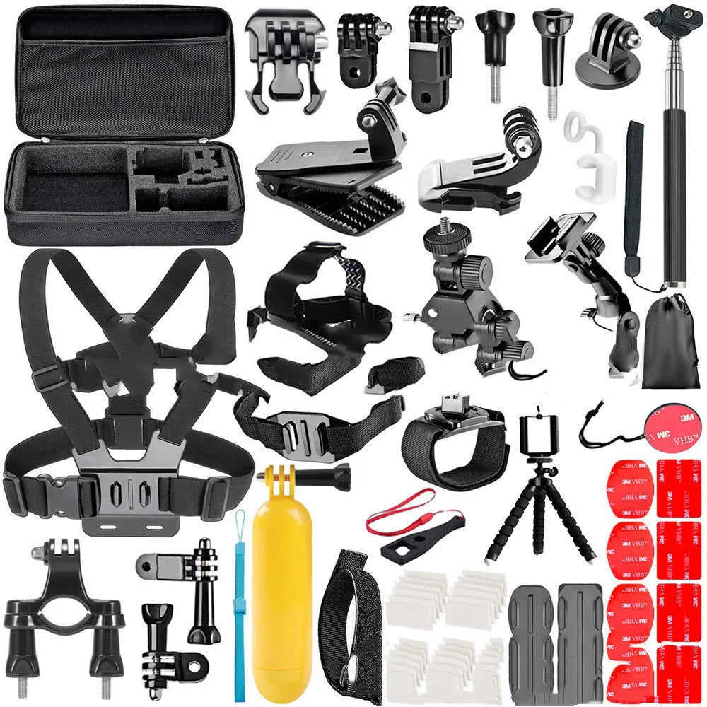 Black GoPro camera accessories set showing chest strap mount, helmet adapter, and portable tripod.