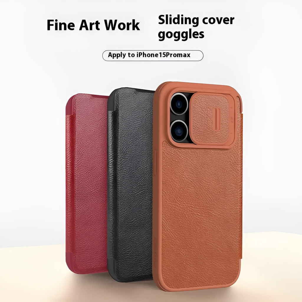 Black imitation leather flip phone case open next to an iPhone.