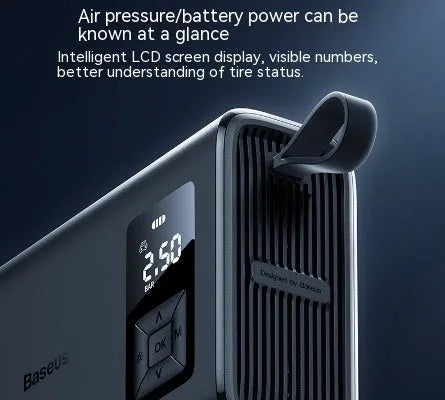 Black portable wireless car tyre inflator with LCD display and type-C charging port