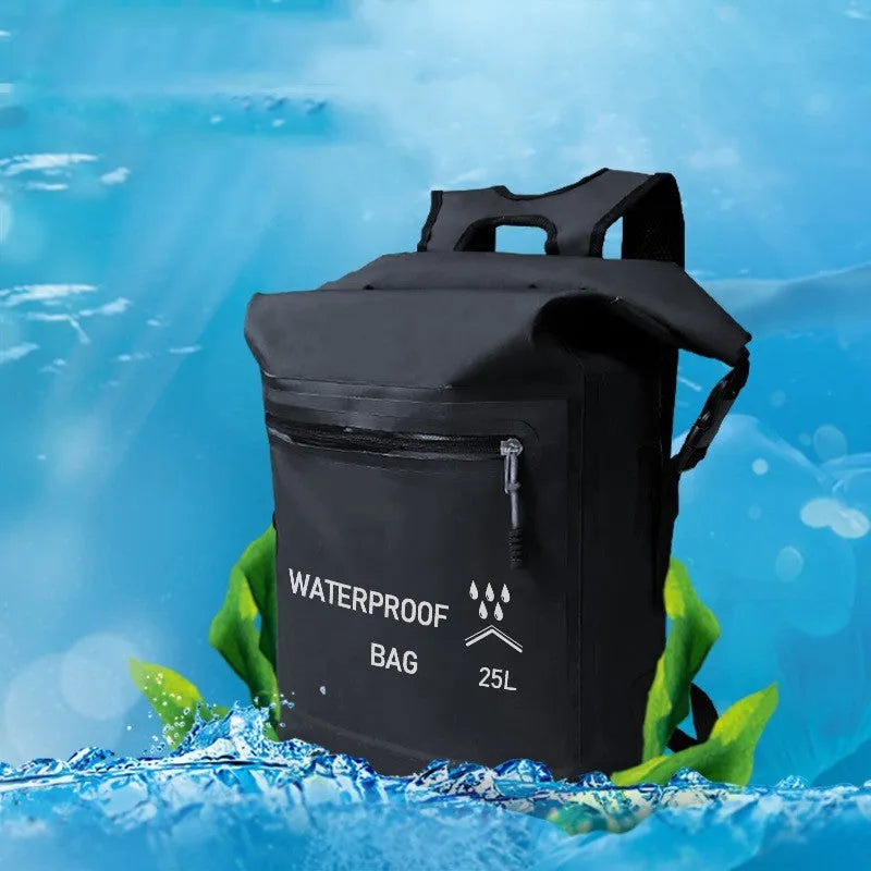 Black 25 litre waterproof backpack for outdoor swimming and rafting