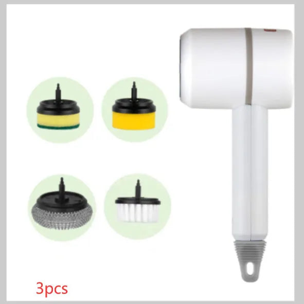 White electric cleaning brush with rotating scrub head and separate scouring pad attachment