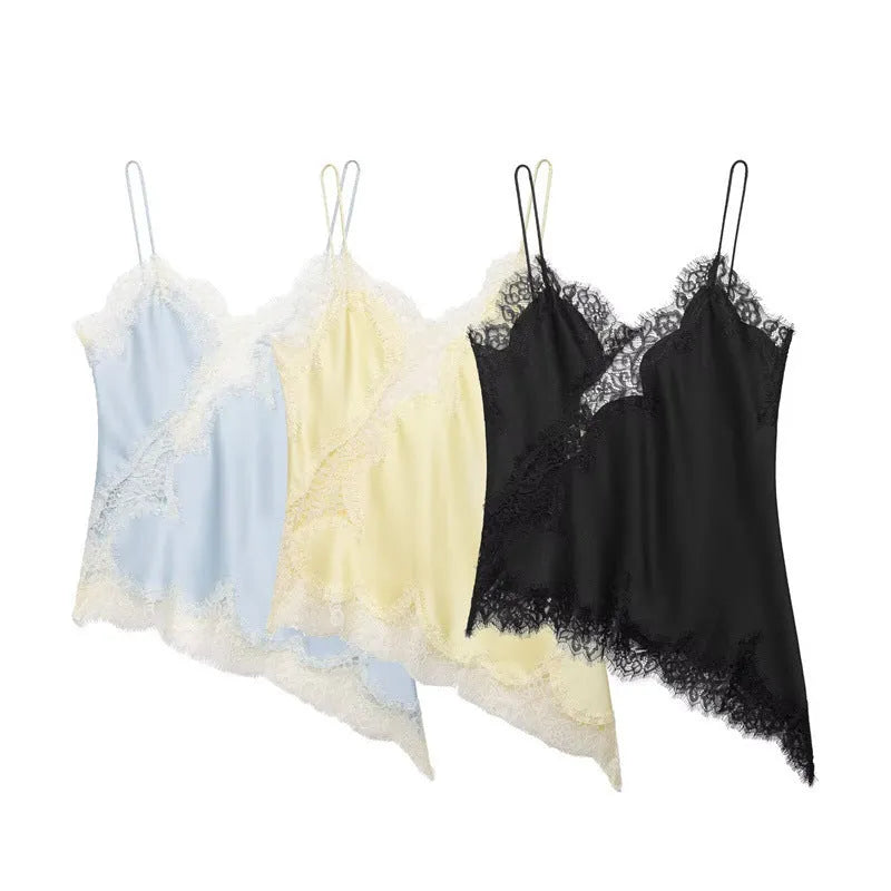 Women's lace trim camisole, slim fit, 50cm length, solid colour, non-detachable straps