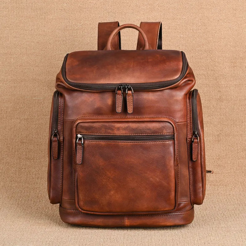 Genuine retro double-layer cowhide backpack for men, 14 inch light brown leather travel backpack with patchwork