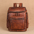 Genuine retro double-layer cowhide backpack for men, 14 inch light brown leather travel backpack with patchwork