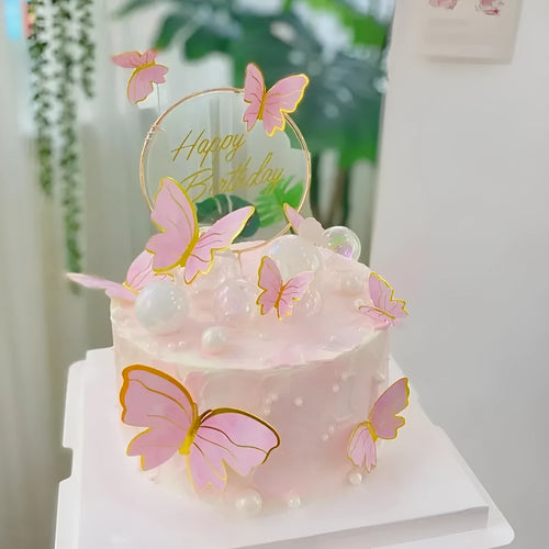 Acrylic happy birthday cake inserting decoration with plastic card and wrought iron stand in butterfly pink style