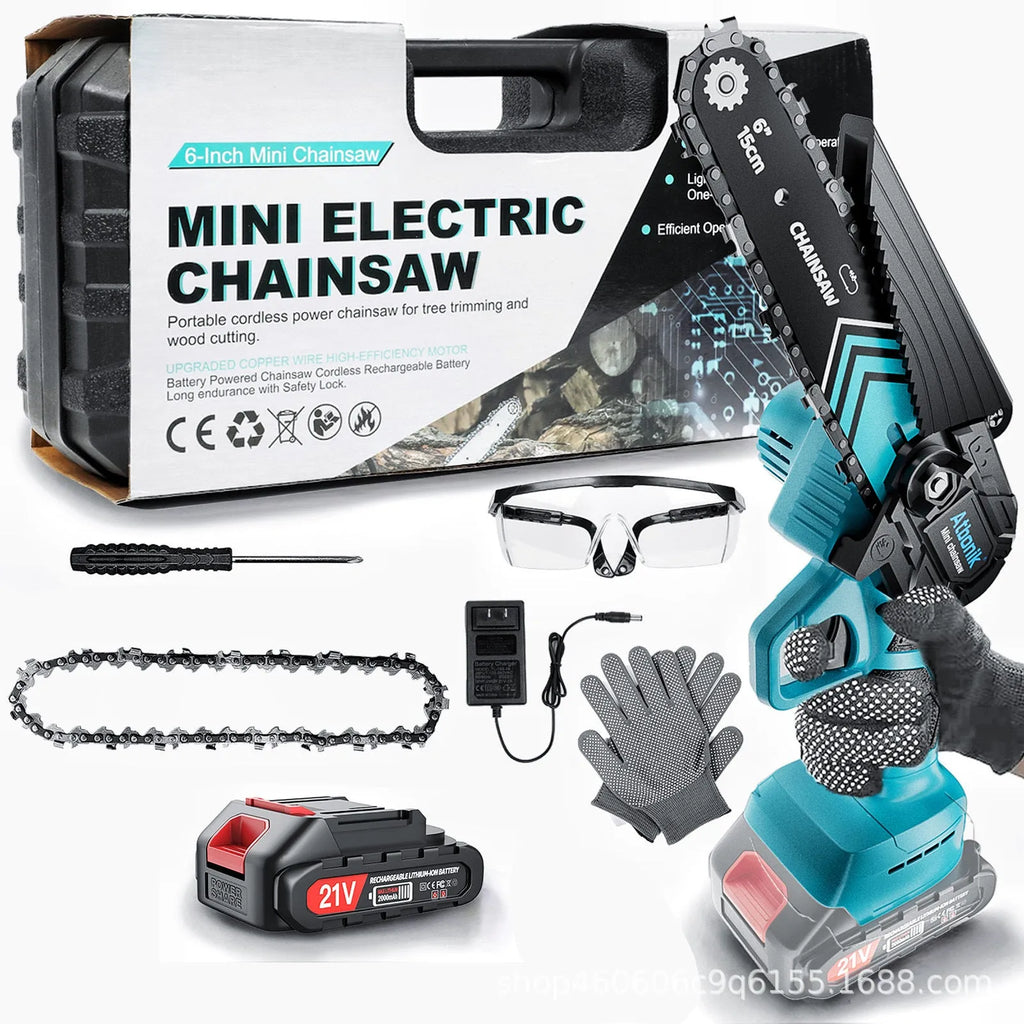Cordless handheld mini electric chainsaw with 6-inch chain, two batteries, charger, safety goggles, gloves, and storage box