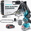 Cordless handheld mini electric chainsaw with 6-inch chain, two batteries, charger, safety goggles, gloves, and storage box