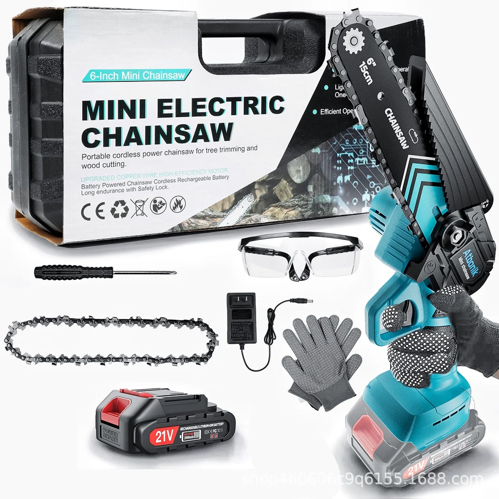 Cordless handheld mini electric chainsaw with 6-inch chain, two batteries, charger, safety goggles, gloves, and storage box