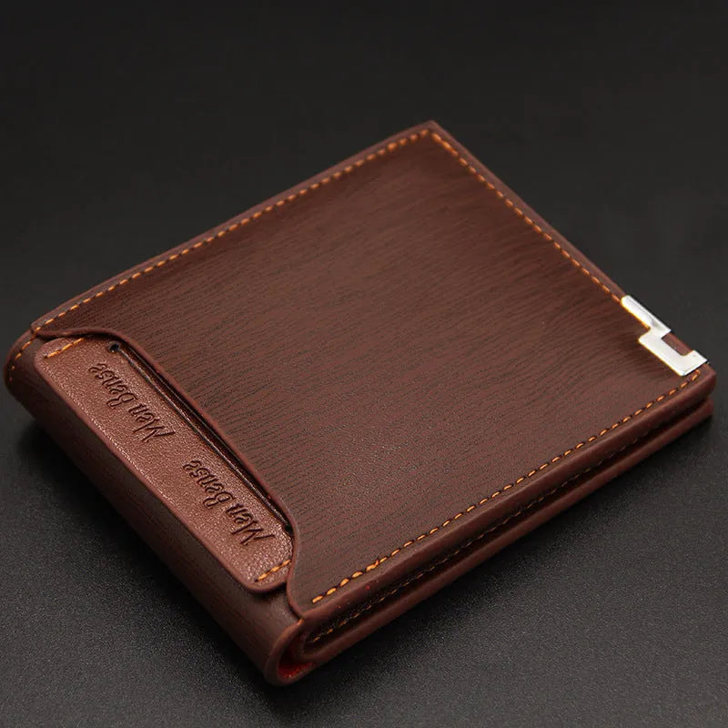 Men's black PU leather short wallet with iron-edge detailing and card-picking feature