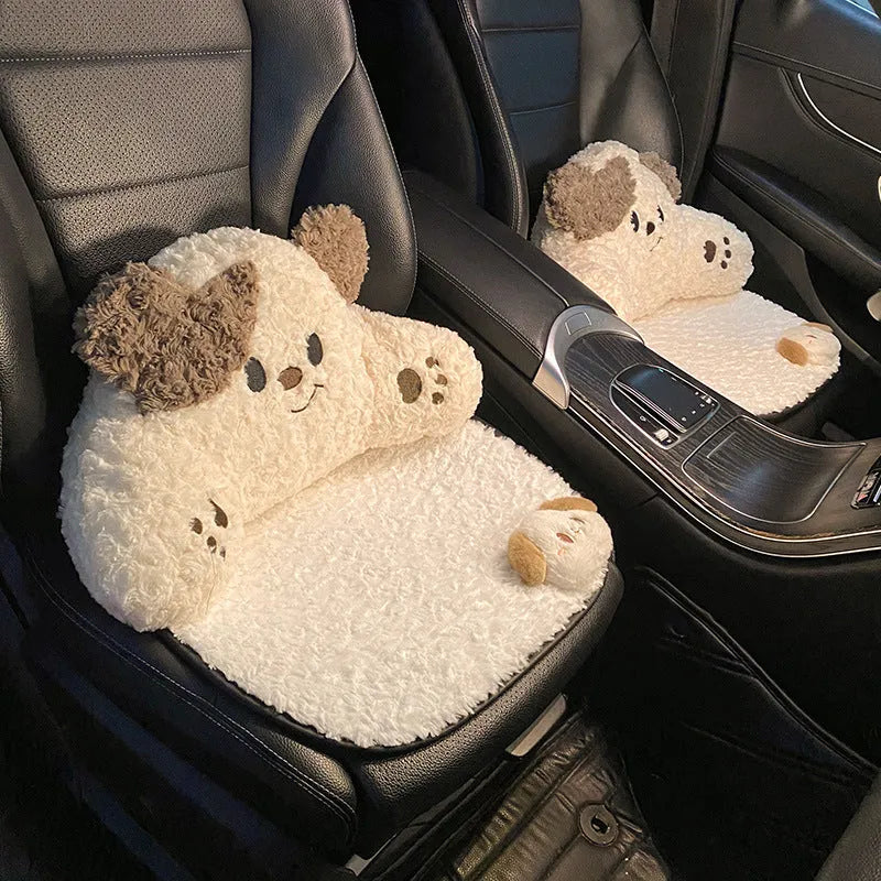 Car seat cushion set with puppy plush headrest and lumbar support pillow in cartoon style