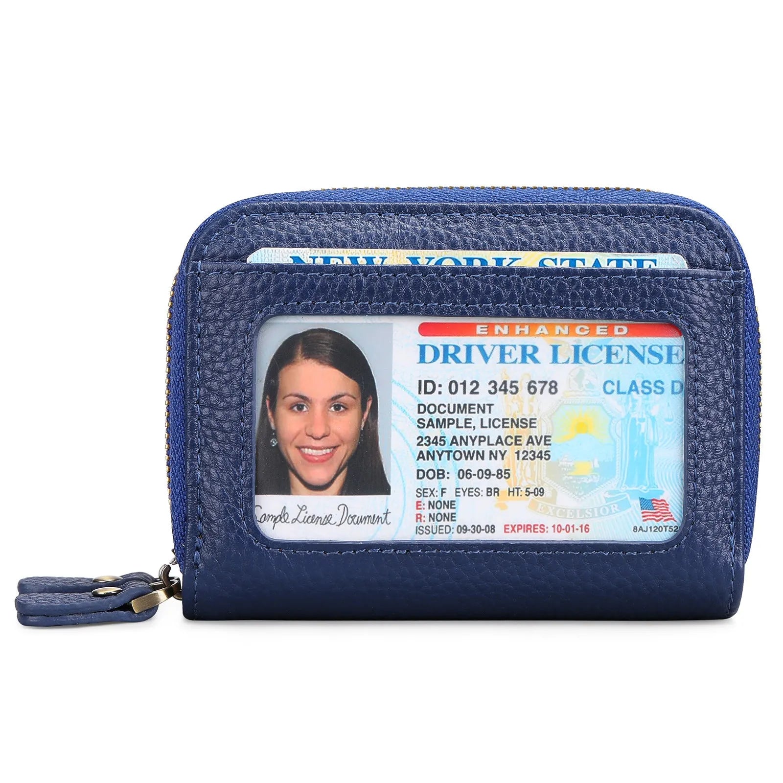 Genuine cowhide leather double layer card holder with zipper, shown in red colour with gift box.