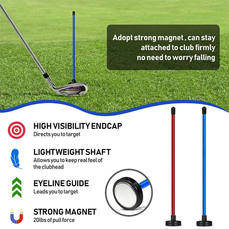 Aluminium alloy golf swing trainer with magnetic direction bar in red or blue.