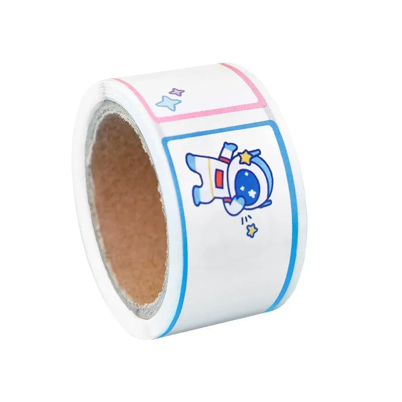 Roll of colourful cartoon name tape stickers with dinosaur and astronaut designs for labelling.