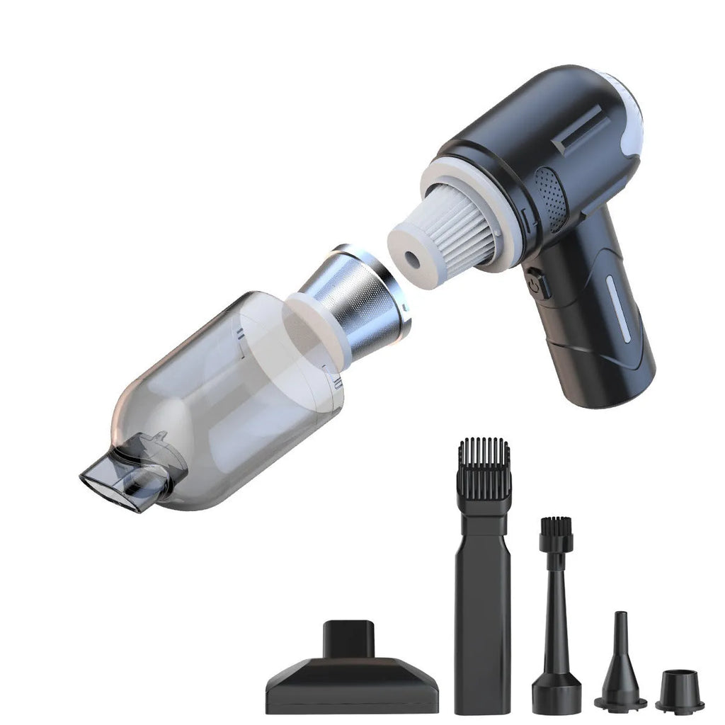 Handheld cordless pet hair vacuum cleaner with floor brush and other attachments on a white background.