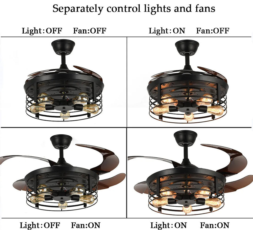 American retro-style ceiling fan lamp with retracted acrylic blades and integrated light shade, remote control on table.
