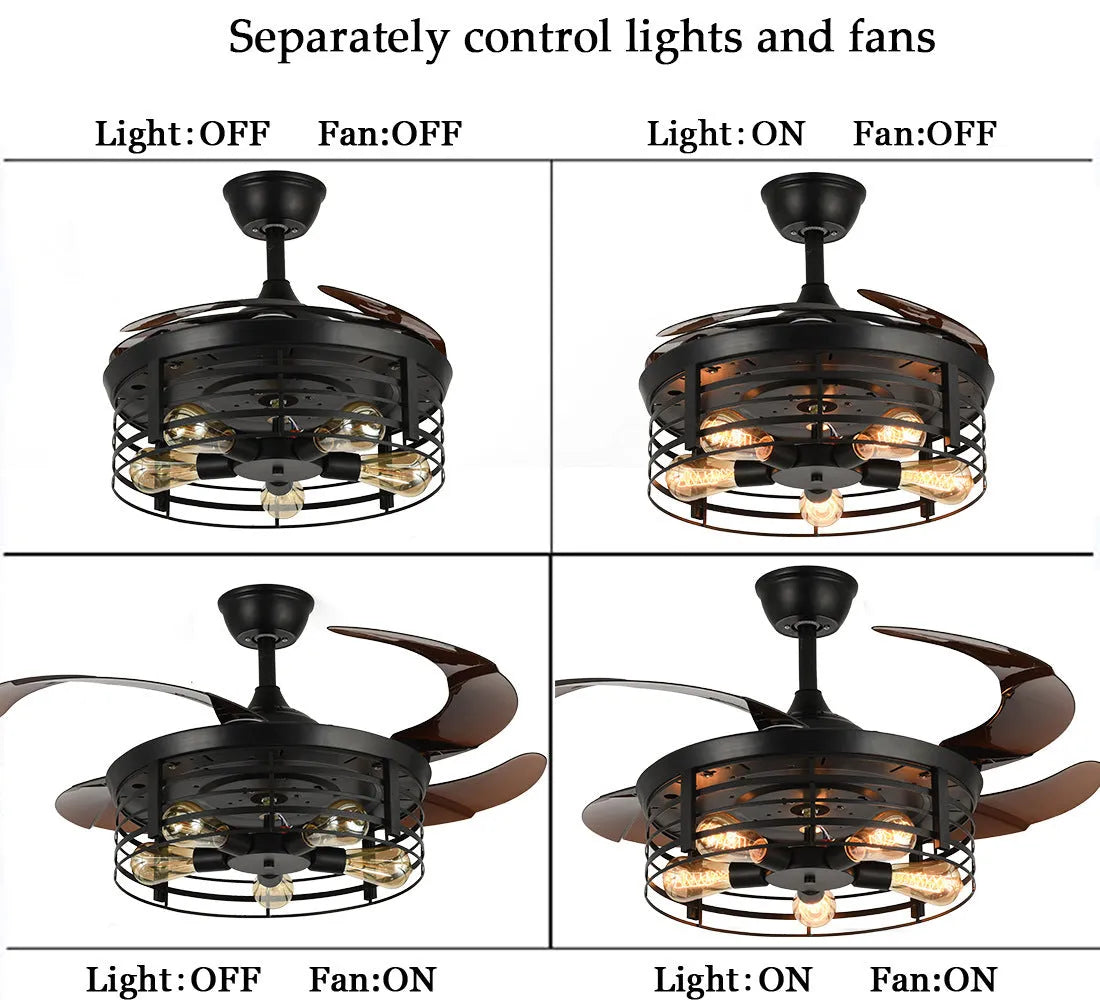 American retro-style ceiling fan lamp with retracted acrylic blades and integrated light shade, remote control on table.