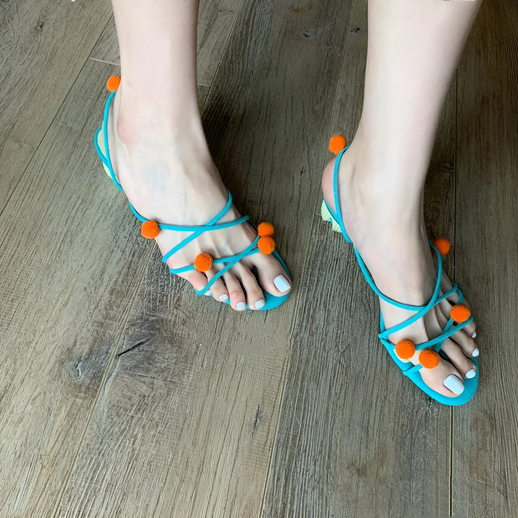 Cyan genuine leather French lace-up high-heeled sandals with thin straps and open toe
