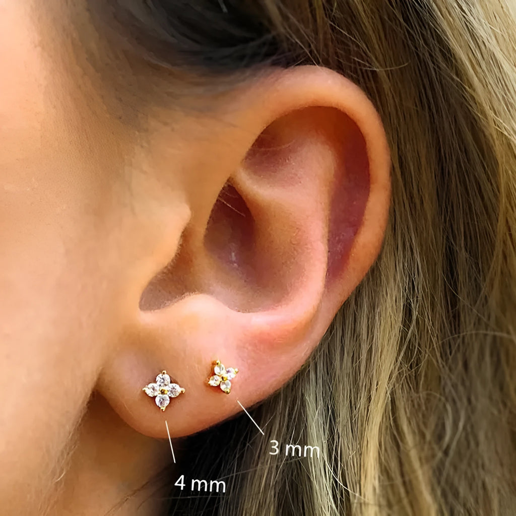 S925 sterling silver flower stud earrings with crystal accents in gold or platinum finish