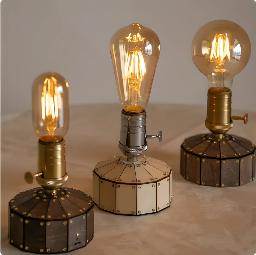 Retro table lamp with glass shade on wooden base, showing USB charging port and choice of LED bulb shapes.