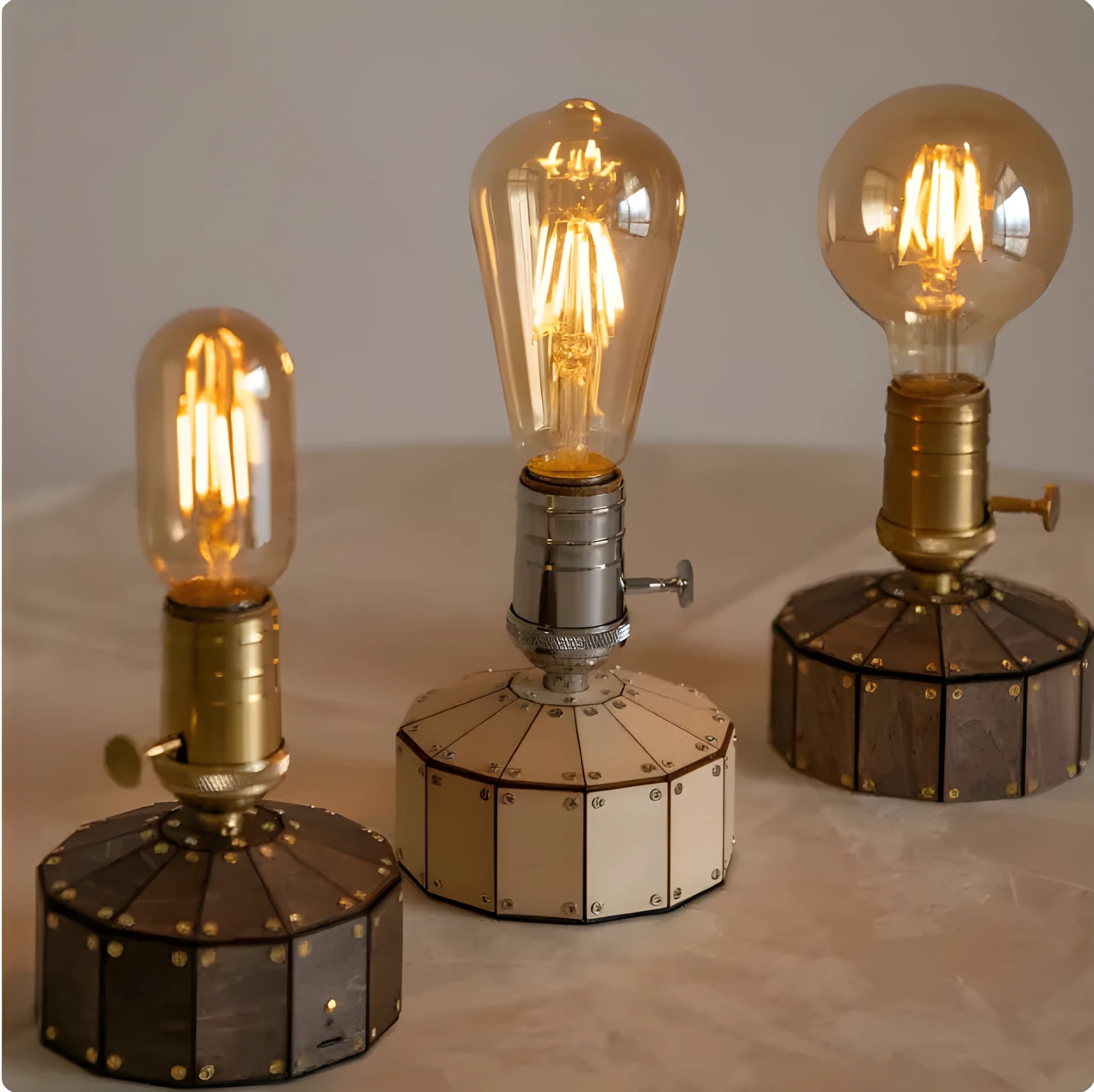 Retro table lamp with glass shade on wooden base, showing USB charging port and choice of LED bulb shapes.