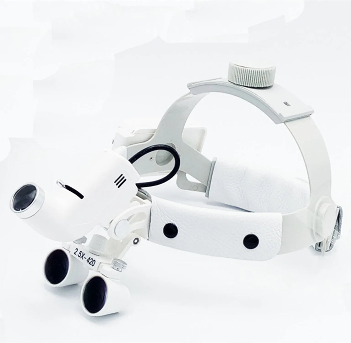 Head-mounted medical magnifying lens with LED spotlight, 2.5x magnification, plastic plexiglass lens, adjustable spot size, black or white