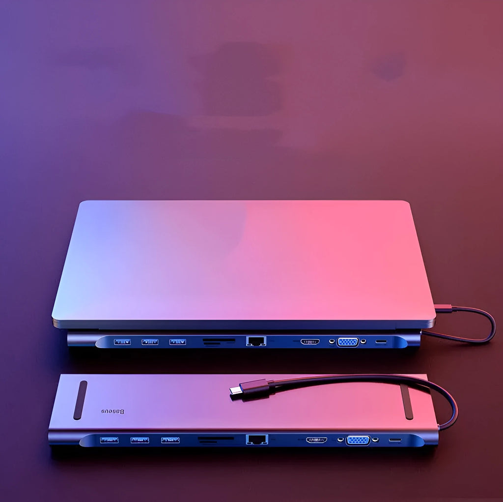 Space grey aluminium alloy ten-in-one USB-C hub adapter with HDMI VGA RJ45 USB 3.0 SD audio and charging ports