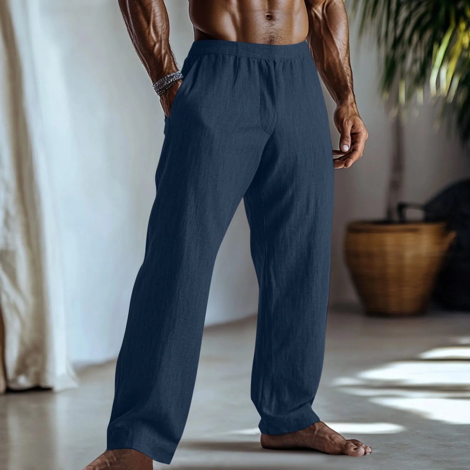 Cotton and linen straight-leg casual trousers in British style with multiple colour options