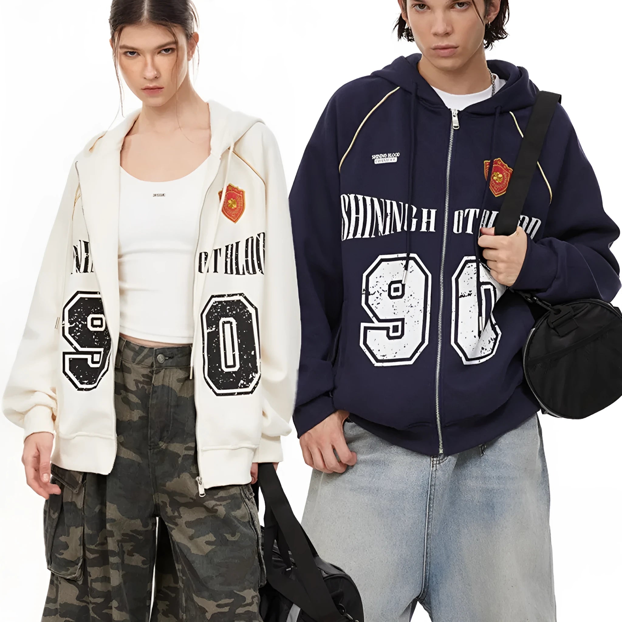 Women's American retro style loose-fit hooded jacket with embroidered line letter patterns in cotton blend fabric
