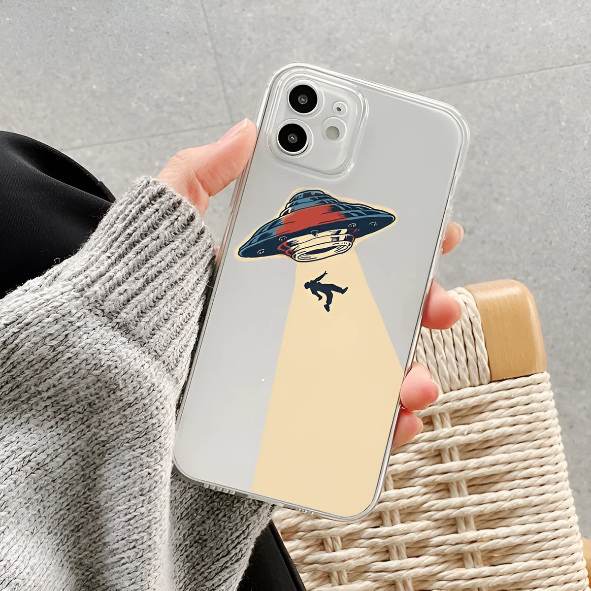 UFO astronaut transparent soft TPU phone case for Apple iPhone, all-wrapped anti-fall cover with clear astronaut design