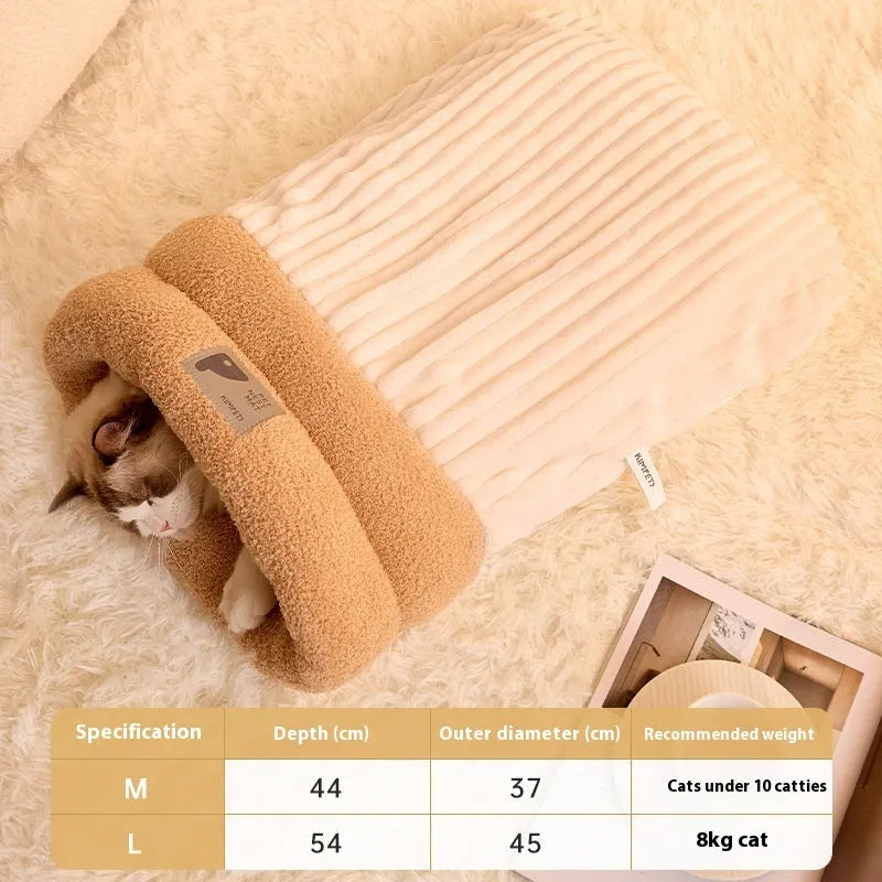 Brown semi-enclosed lambswool cat sleeping bag on a wooden floor.